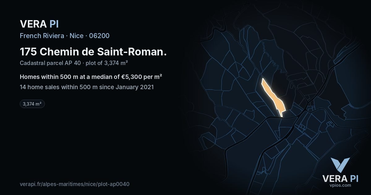175 Chemin de Saint-Roman, Nice at night – the plot lit, the parcels around coloured by the prices near them