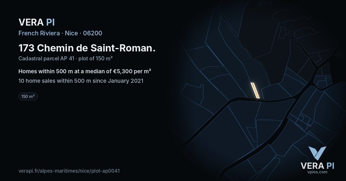 173 Chemin de Saint-Roman, Nice at night – the plot lit, the parcels around coloured by the prices near them