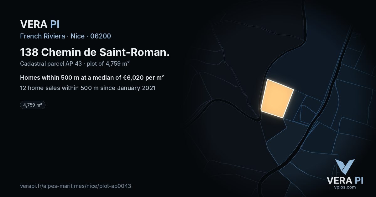 138 Chemin de Saint-Roman, Nice at night – the plot lit, the parcels around coloured by the prices near them
