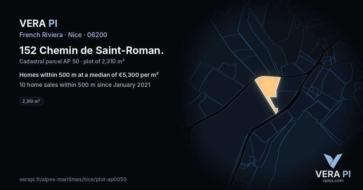 152 Chemin de Saint-Roman, Nice at night – the plot lit, the parcels around coloured by the prices near them