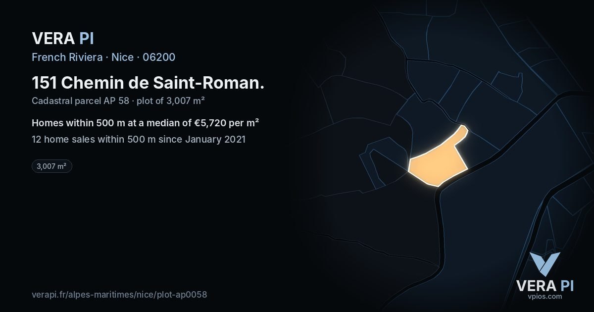 151 Chemin de Saint-Roman, Nice at night – the plot lit, the parcels around coloured by the prices near them