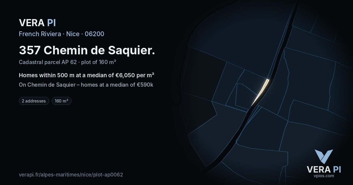 357 Chemin de Saquier, Nice at night – the plot lit, the parcels around coloured by the prices near them