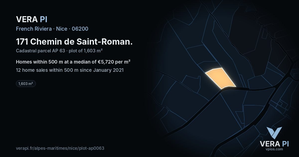 171 Chemin de Saint-Roman, Nice at night – the plot lit, the parcels around coloured by the prices near them