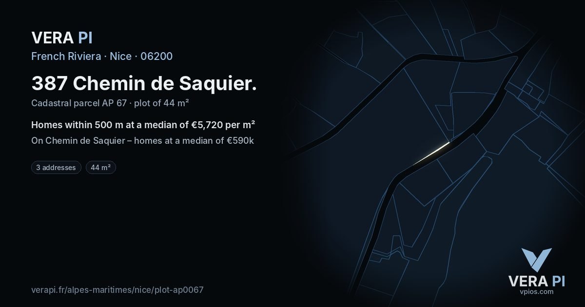 387 Chemin de Saquier, Nice at night – the plot lit, the parcels around coloured by the prices near them