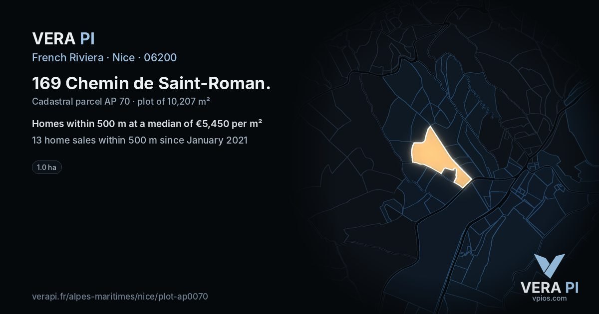 169 Chemin de Saint-Roman, Nice at night – the plot lit, the parcels around coloured by the prices near them