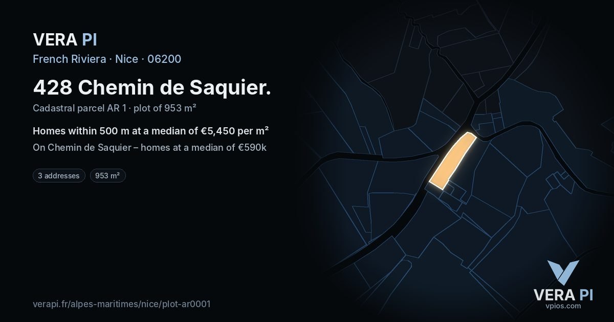 428 Chemin de Saquier, Nice at night – the plot lit, the parcels around coloured by the prices near them