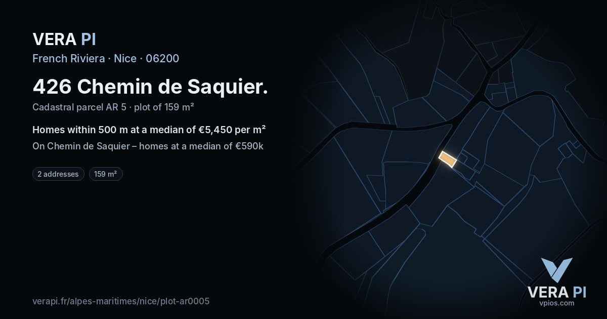 426 Chemin de Saquier, Nice at night – the plot lit, the parcels around coloured by the prices near them