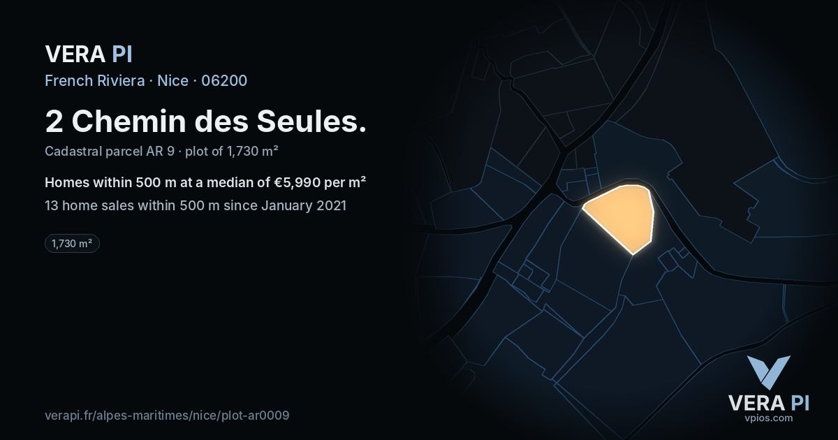 2 Chemin des Seules, Nice at night – the plot lit, the parcels around coloured by the prices near them