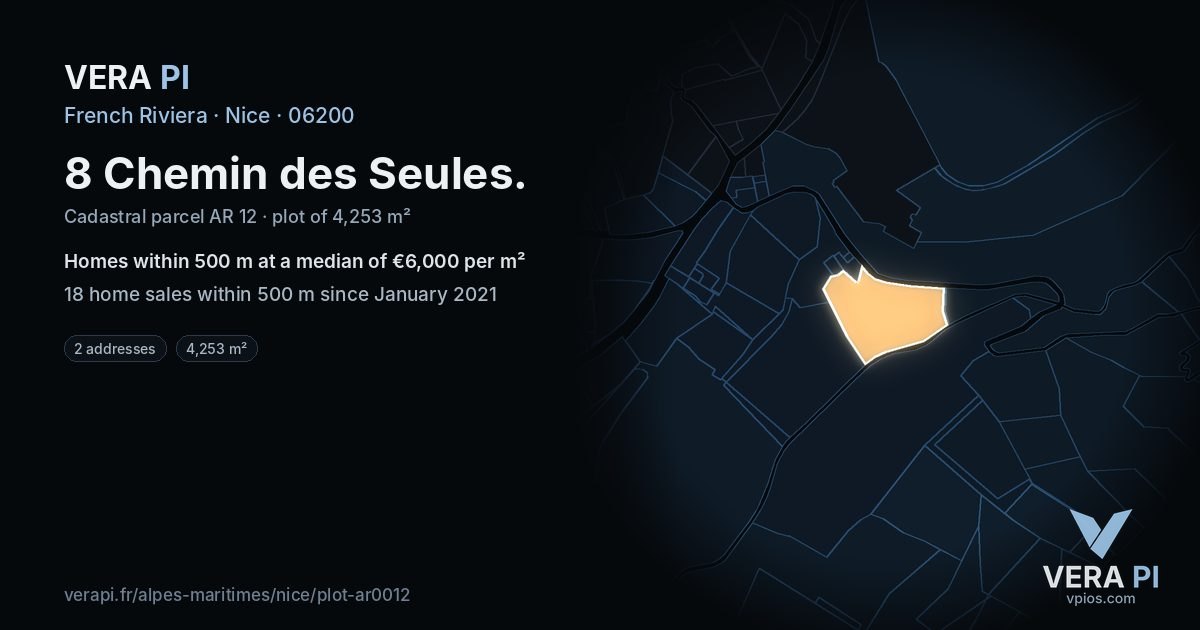 8 Chemin des Seules, Nice at night – the plot lit, the parcels around coloured by the prices near them