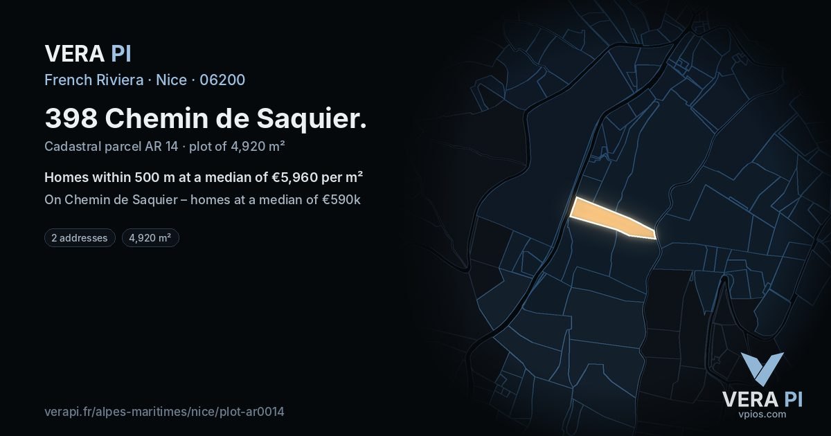 398 Chemin de Saquier, Nice at night – the plot lit, the parcels around coloured by the prices near them