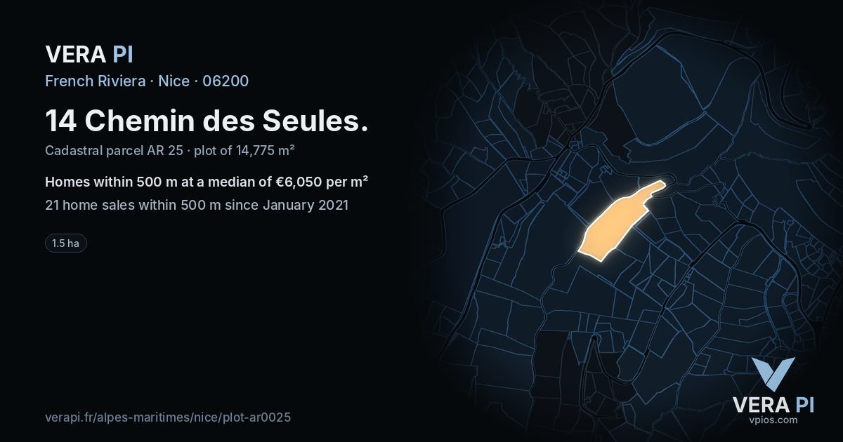 14 Chemin des Seules, Nice at night – the plot lit, the parcels around coloured by the prices near them