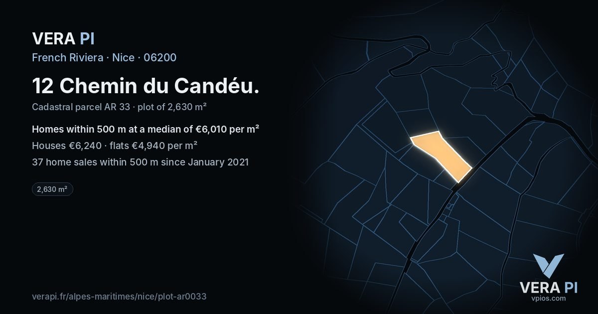 12 Chemin du Candéu, Nice at night – the plot lit, the parcels around coloured by the prices near them