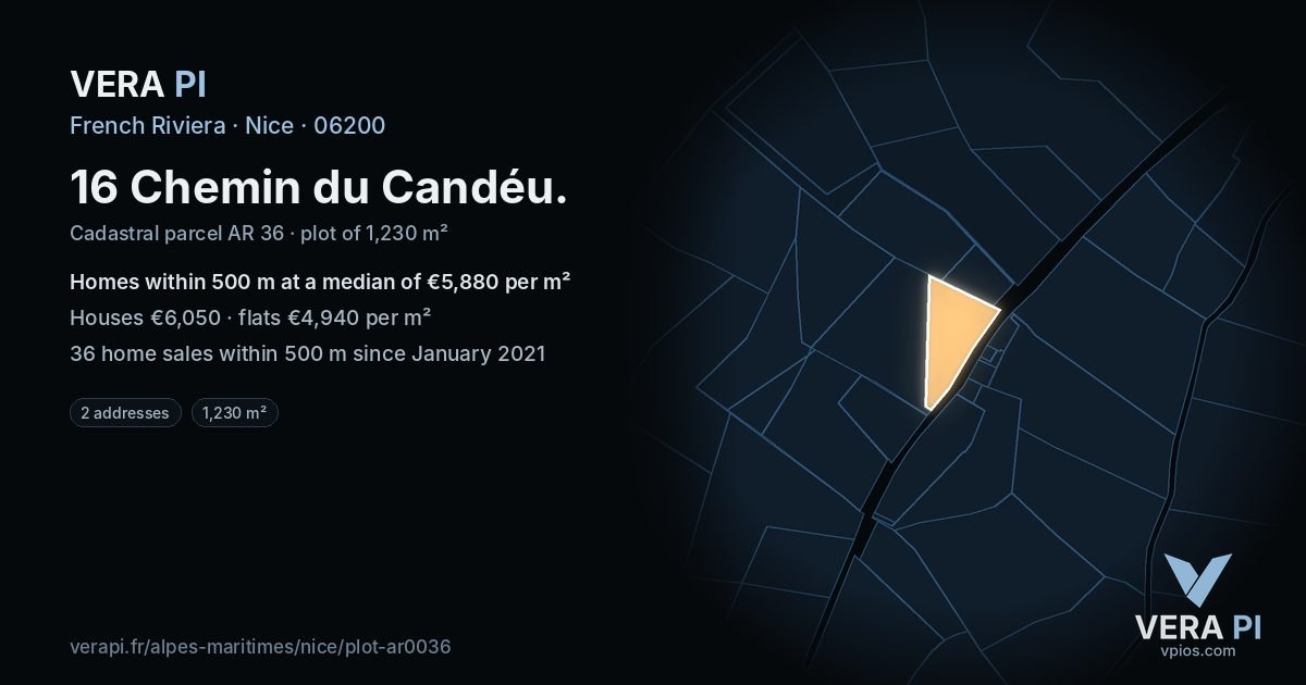 16 Chemin du Candéu, Nice at night – the plot lit, the parcels around coloured by the prices near them