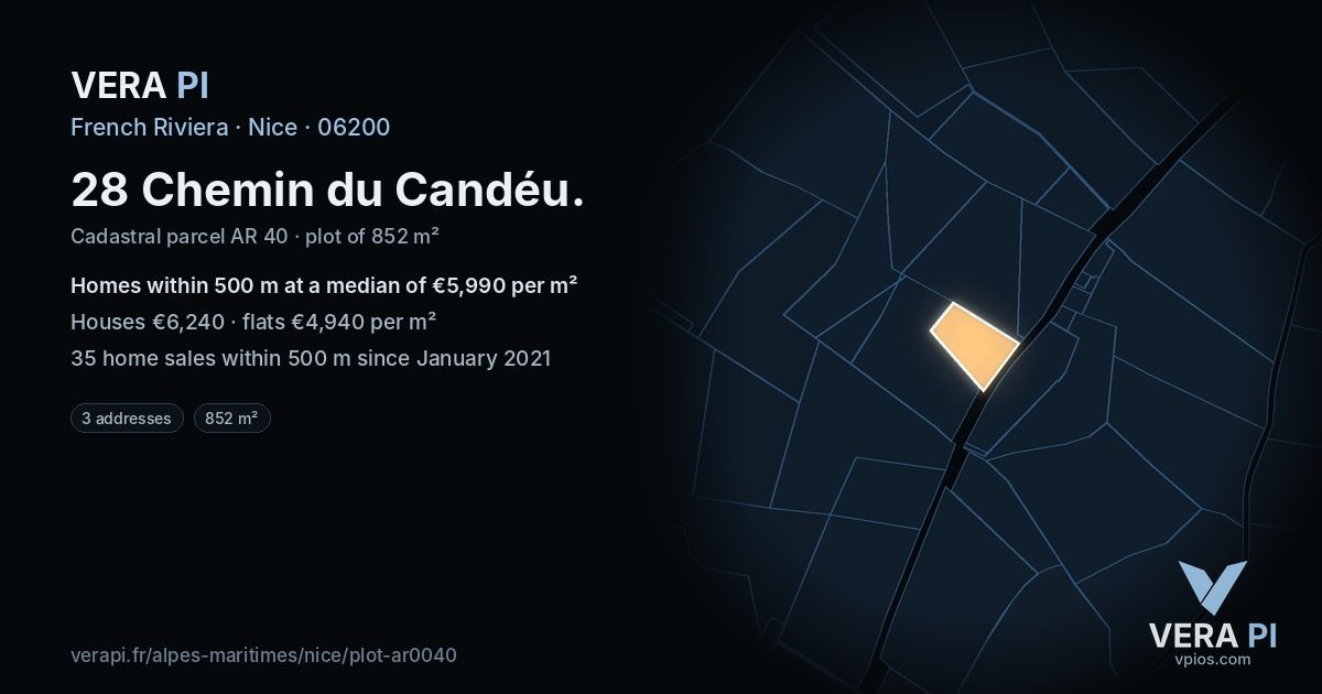 28 Chemin du Candéu, Nice at night – the plot lit, the parcels around coloured by the prices near them