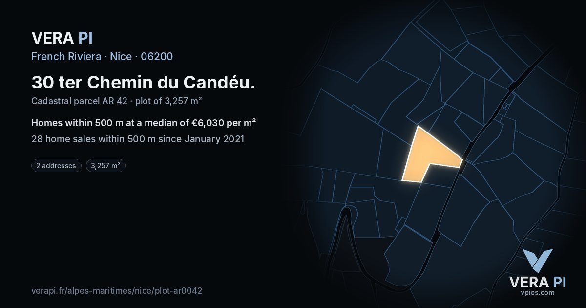 30 ter Chemin du Candéu, Nice at night – the plot lit, the parcels around coloured by the prices near them