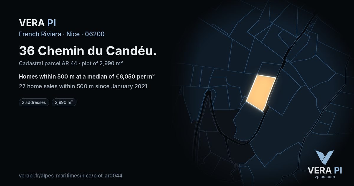 36 Chemin du Candéu, Nice at night – the plot lit, the parcels around coloured by the prices near them