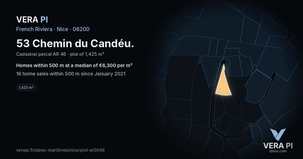 53 Chemin du Candéu, Nice at night – the plot lit, the parcels around coloured by the prices near them