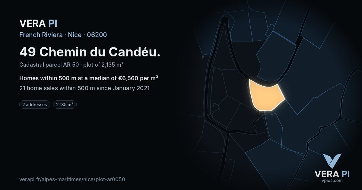 49 Chemin du Candéu, Nice at night – the plot lit, the parcels around coloured by the prices near them