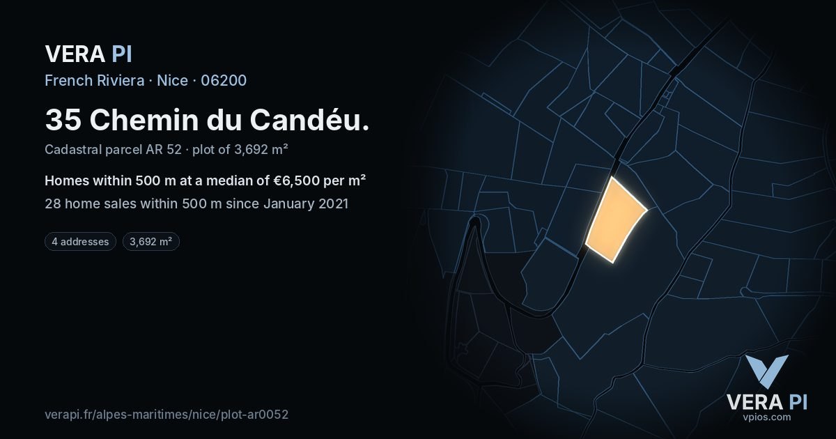 35 Chemin du Candéu, Nice at night – the plot lit, the parcels around coloured by the prices near them