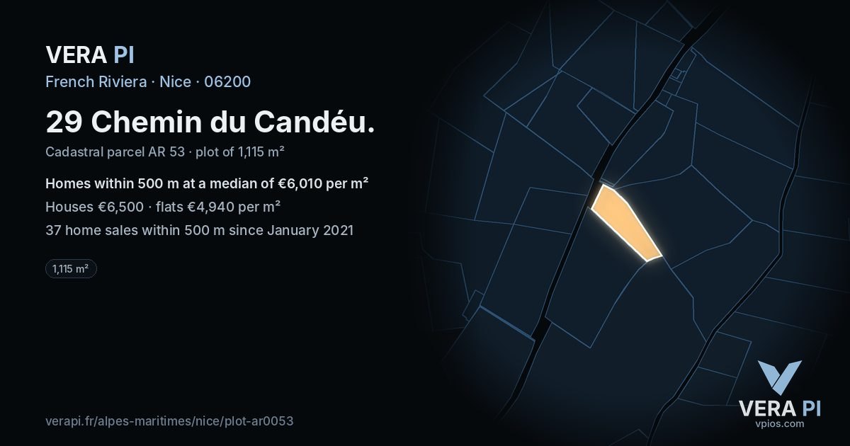 29 Chemin du Candéu, Nice at night – the plot lit, the parcels around coloured by the prices near them