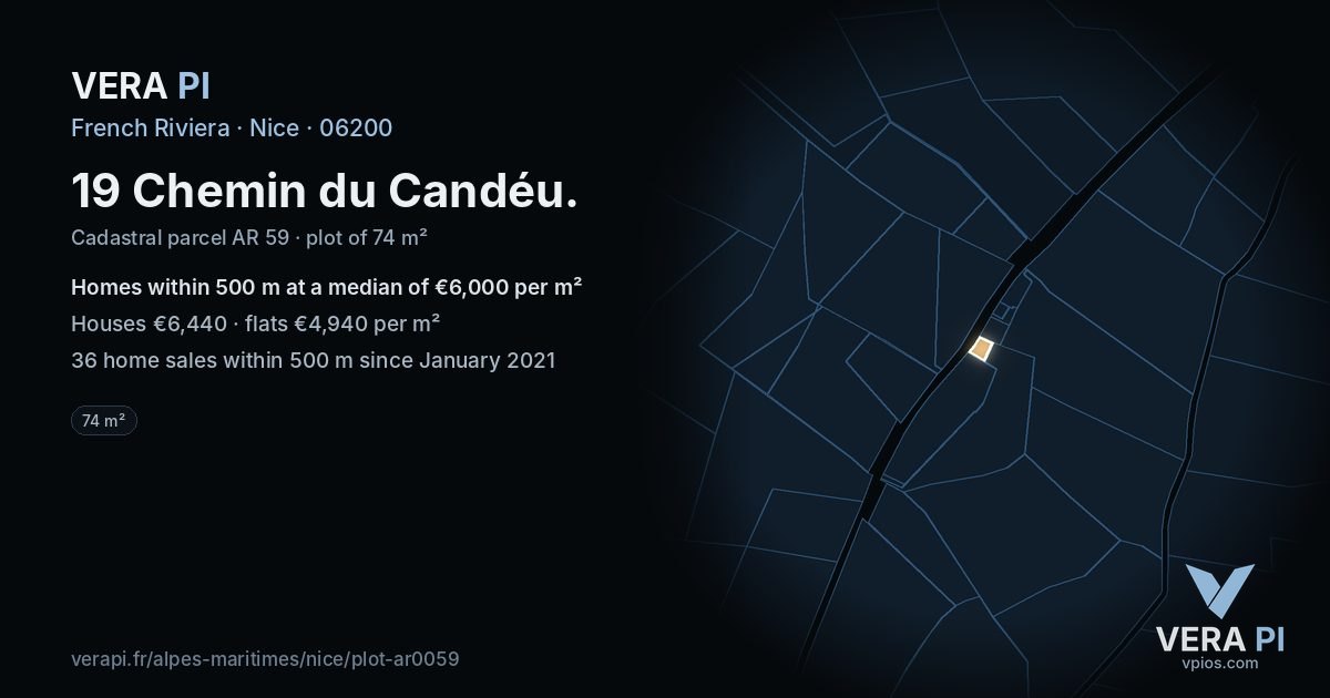 19 Chemin du Candéu, Nice at night – the plot lit, the parcels around coloured by the prices near them