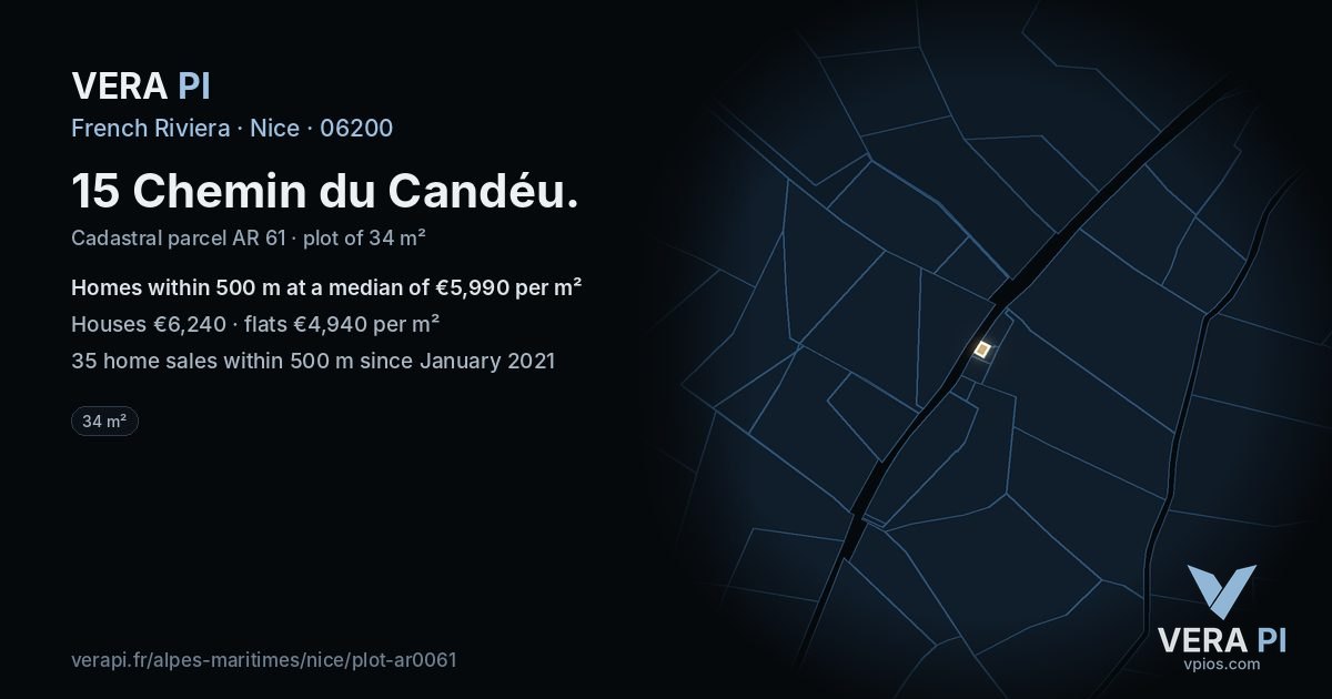 15 Chemin du Candéu, Nice at night – the plot lit, the parcels around coloured by the prices near them