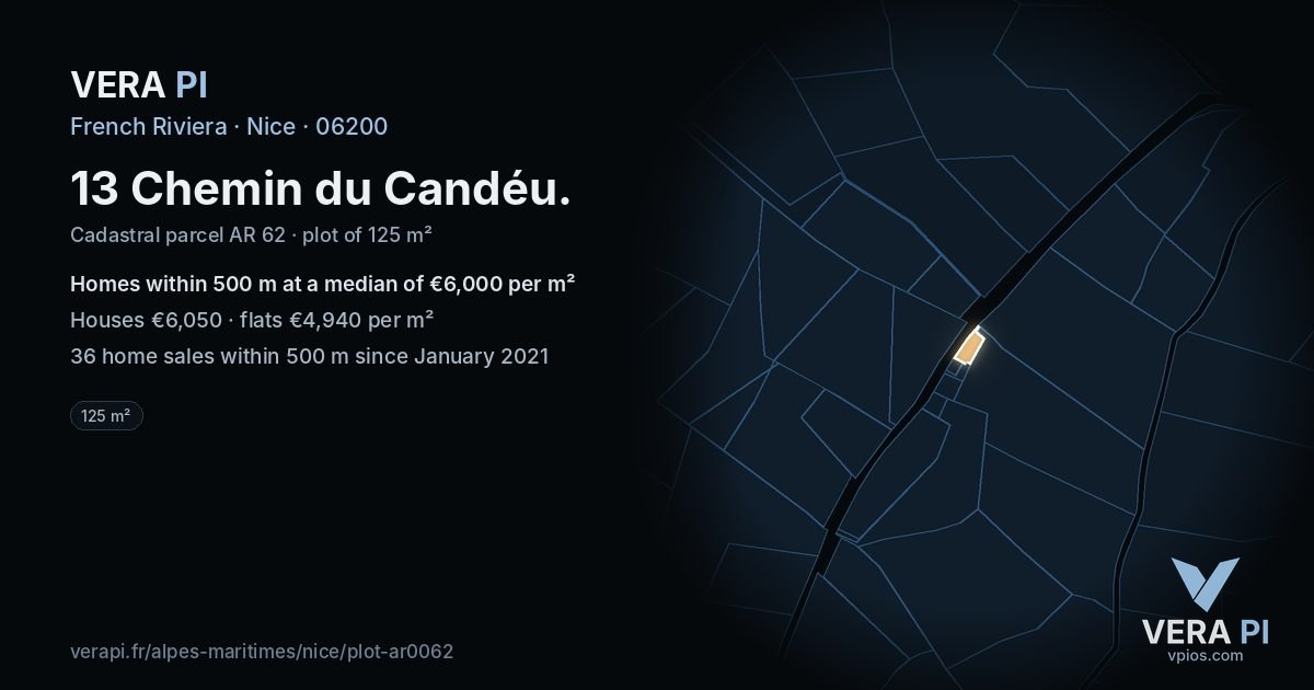 13 Chemin du Candéu, Nice at night – the plot lit, the parcels around coloured by the prices near them