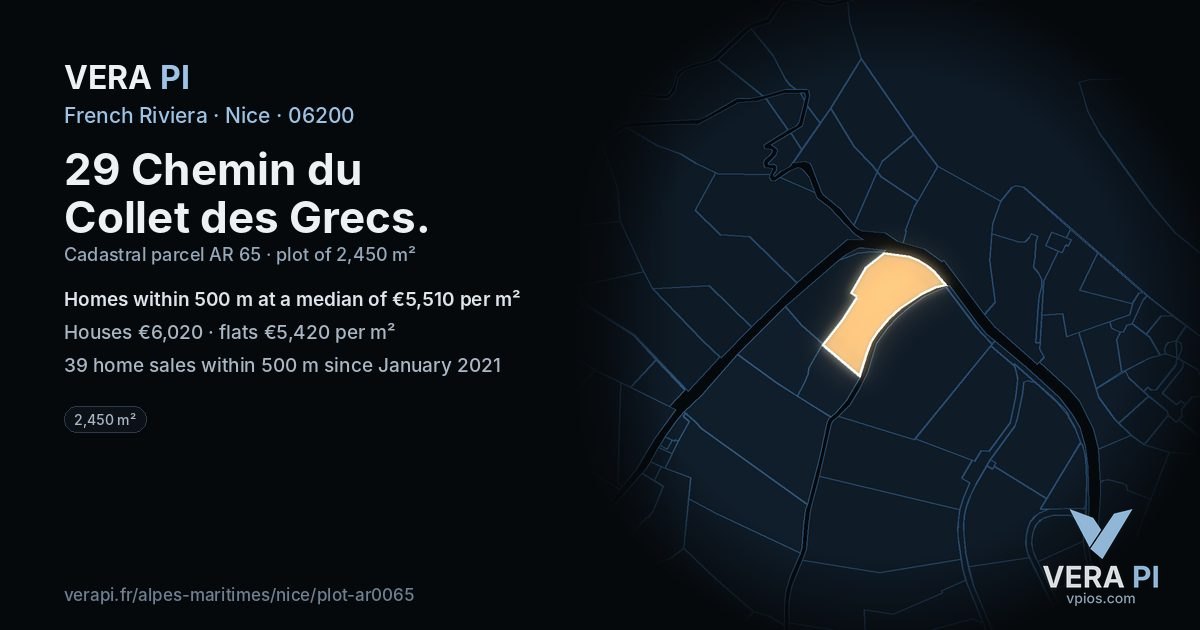 29 Chemin du Collet des Grecs, Nice at night – the plot lit, the parcels around coloured by the prices near them
