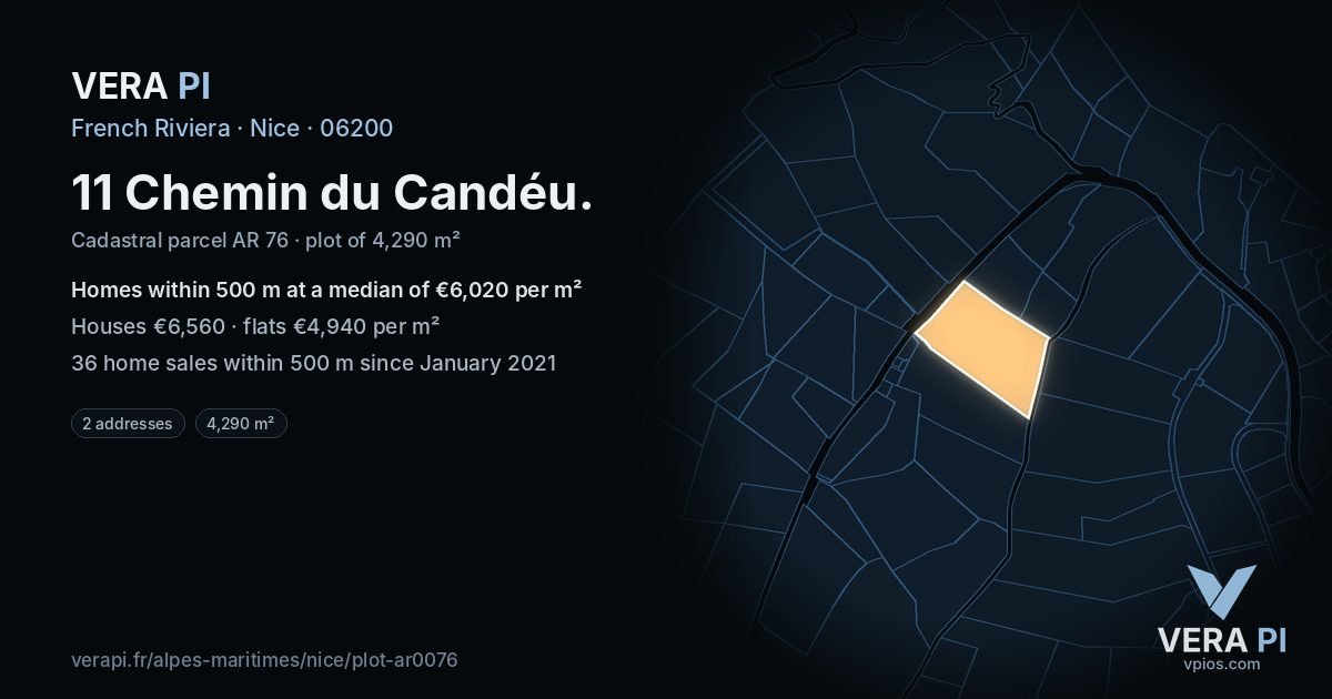 11 Chemin du Candéu, Nice at night – the plot lit, the parcels around coloured by the prices near them