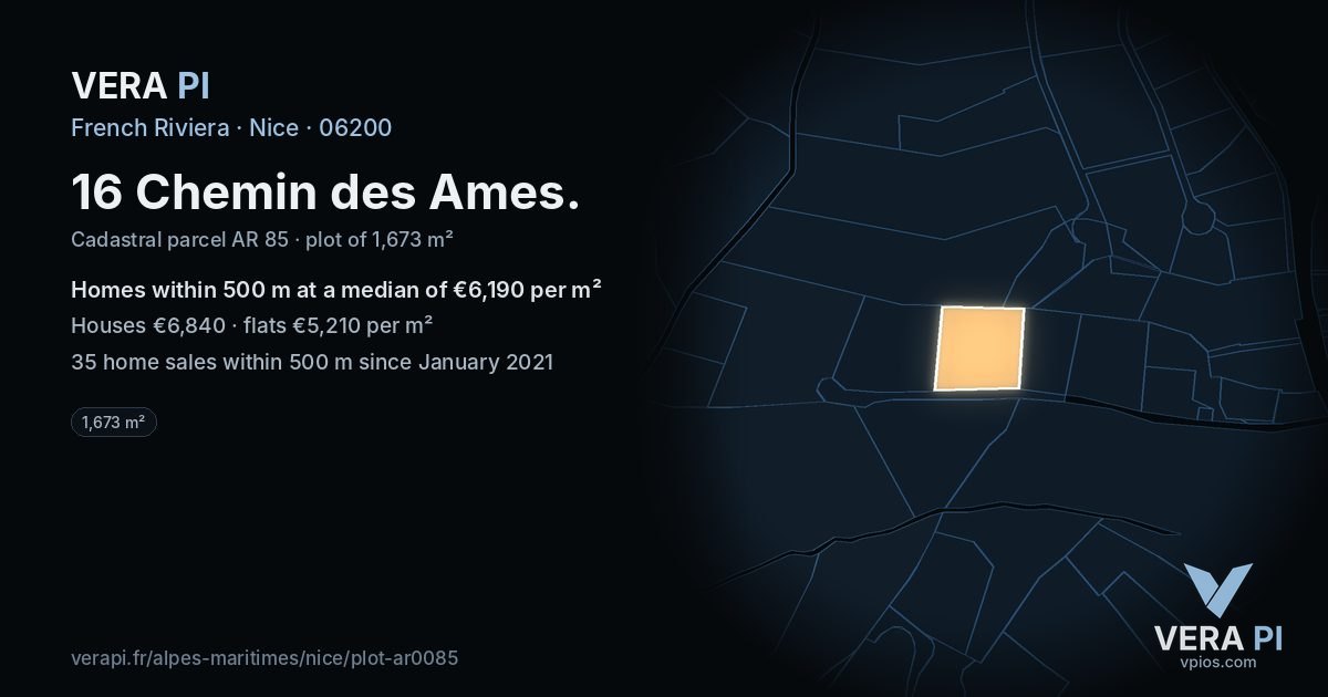 16 Chemin des Ames, Nice at night – the plot lit, the parcels around coloured by the prices near them