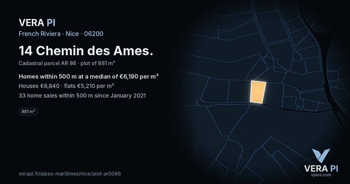 14 Chemin des Ames, Nice at night – the plot lit, the parcels around coloured by the prices near them