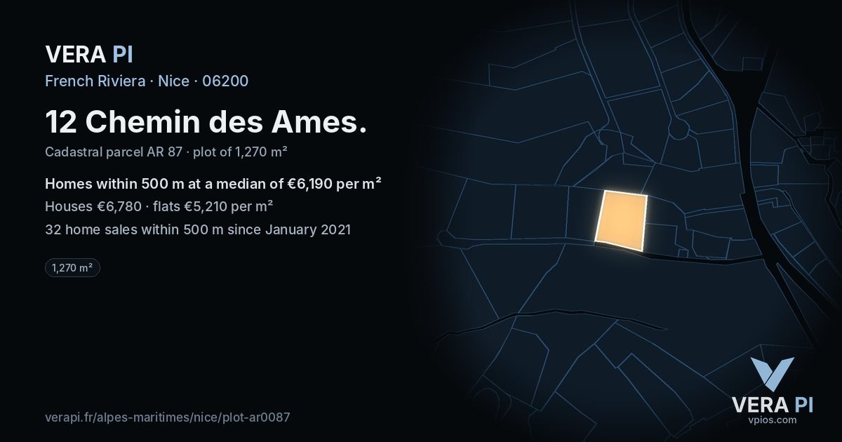 12 Chemin des Ames, Nice at night – the plot lit, the parcels around coloured by the prices near them