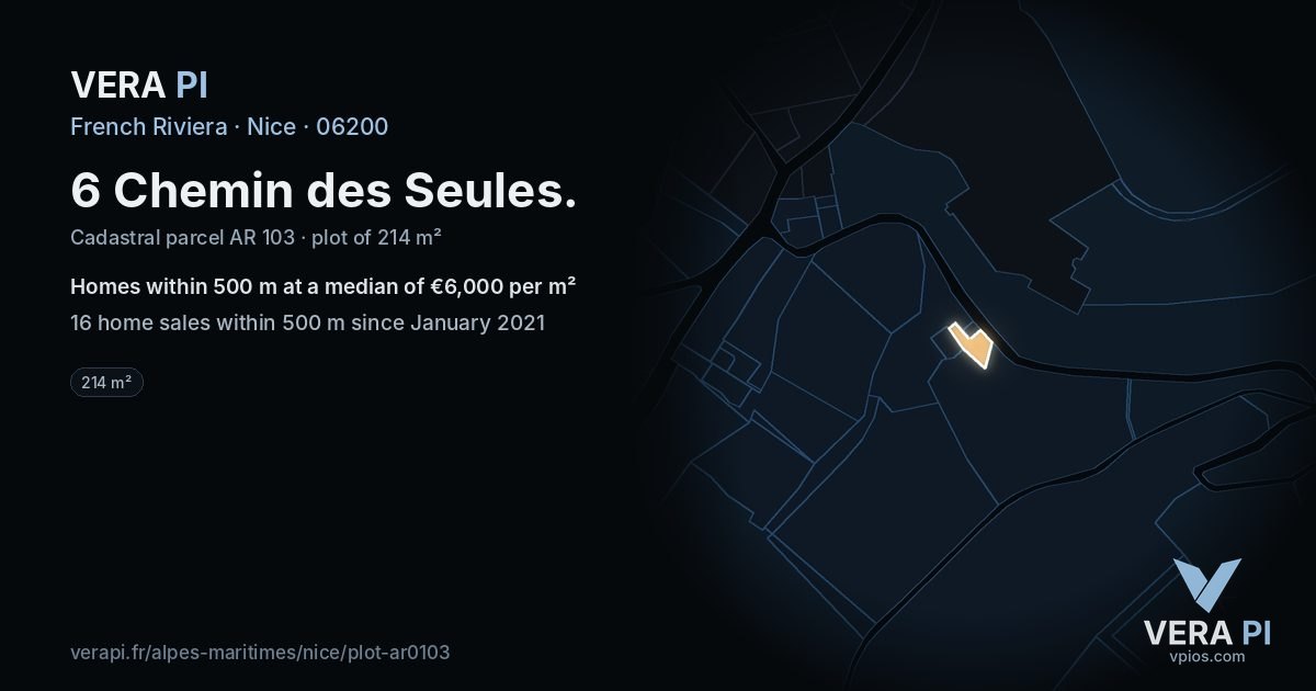 6 Chemin des Seules, Nice at night – the plot lit, the parcels around coloured by the prices near them
