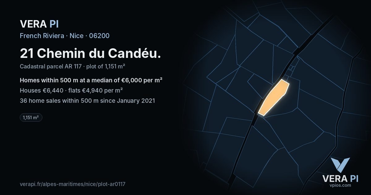 21 Chemin du Candéu, Nice at night – the plot lit, the parcels around coloured by the prices near them