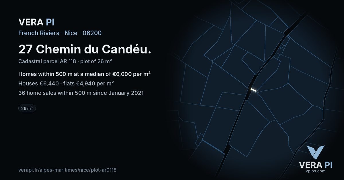 27 Chemin du Candéu, Nice at night – the plot lit, the parcels around coloured by the prices near them