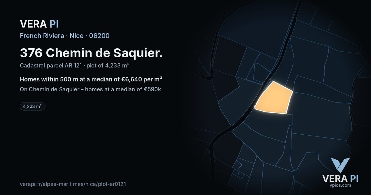 376 Chemin de Saquier, Nice at night – the plot lit, the parcels around coloured by the prices near them