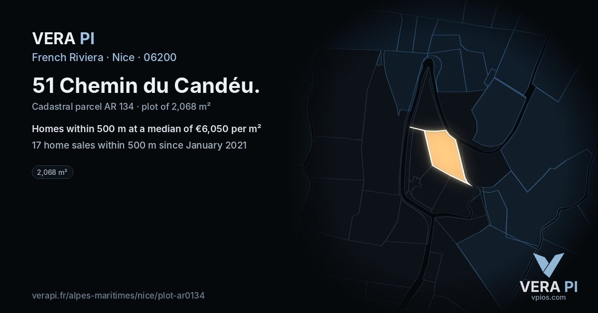 51 Chemin du Candéu, Nice at night – the plot lit, the parcels around coloured by the prices near them