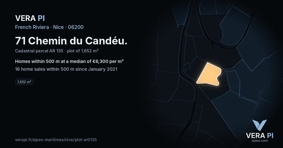 71 Chemin du Candéu, Nice at night – the plot lit, the parcels around coloured by the prices near them