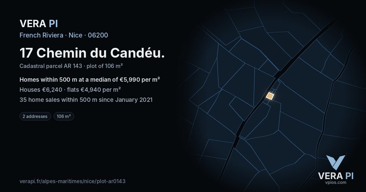 17 Chemin du Candéu, Nice at night – the plot lit, the parcels around coloured by the prices near them