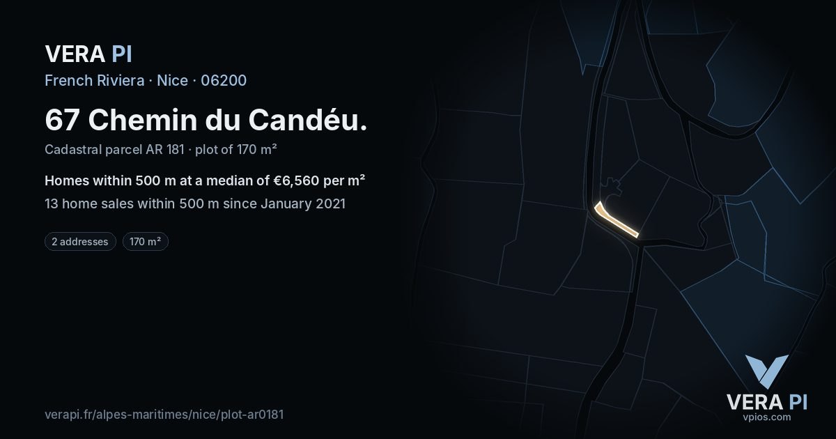 67 Chemin du Candéu, Nice at night – the plot lit, the parcels around coloured by the prices near them