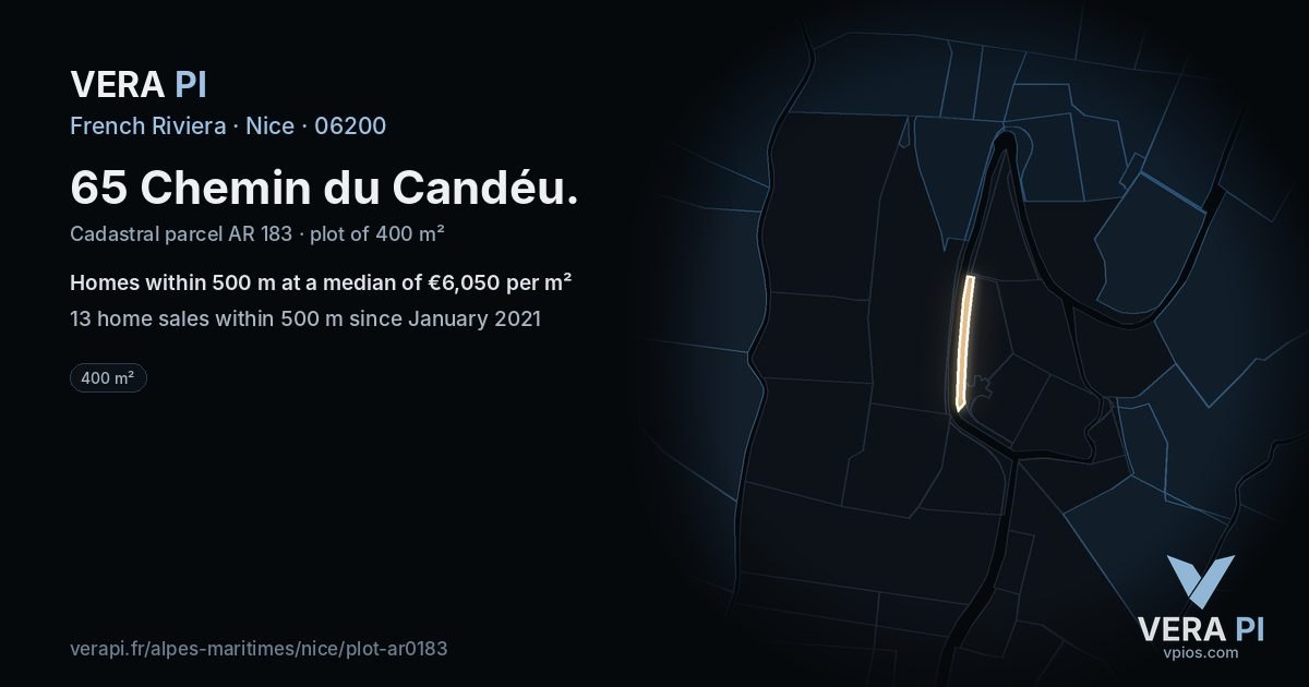 65 Chemin du Candéu, Nice at night – the plot lit, the parcels around coloured by the prices near them