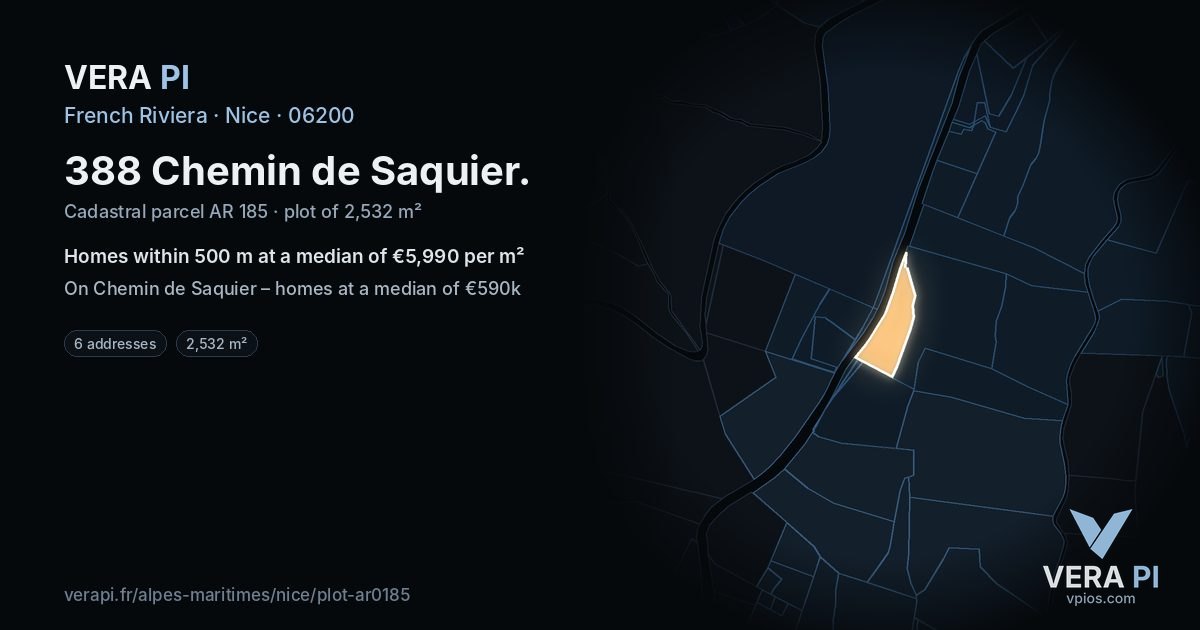388 Chemin de Saquier, Nice at night – the plot lit, the parcels around coloured by the prices near them