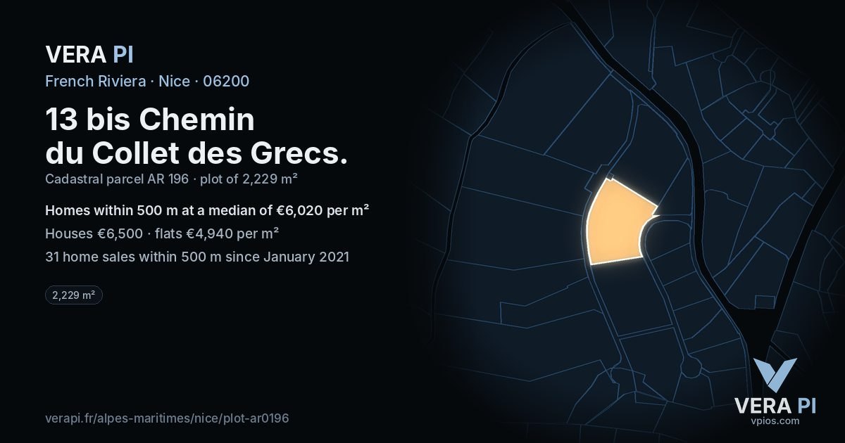 13 bis Chemin du Collet des Grecs, Nice at night – the plot lit, the parcels around coloured by the prices near them