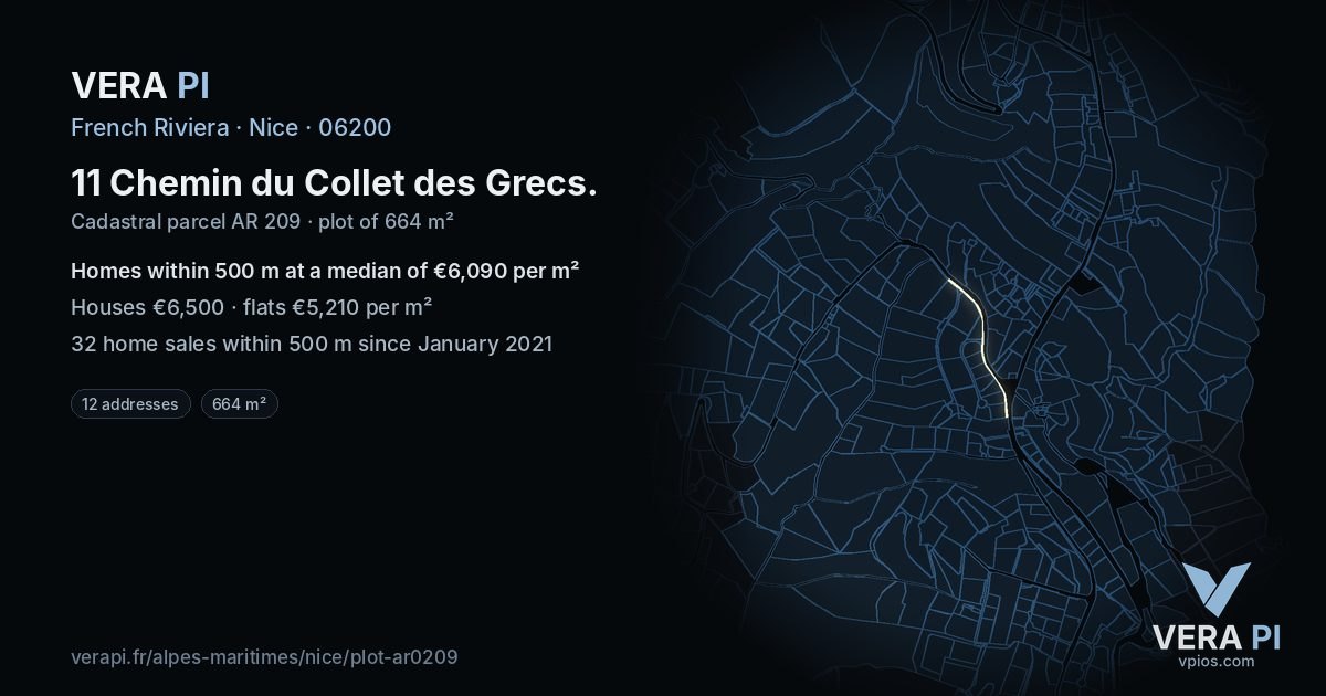 11 Chemin du Collet des Grecs, Nice at night – the plot lit, the parcels around coloured by the prices near them