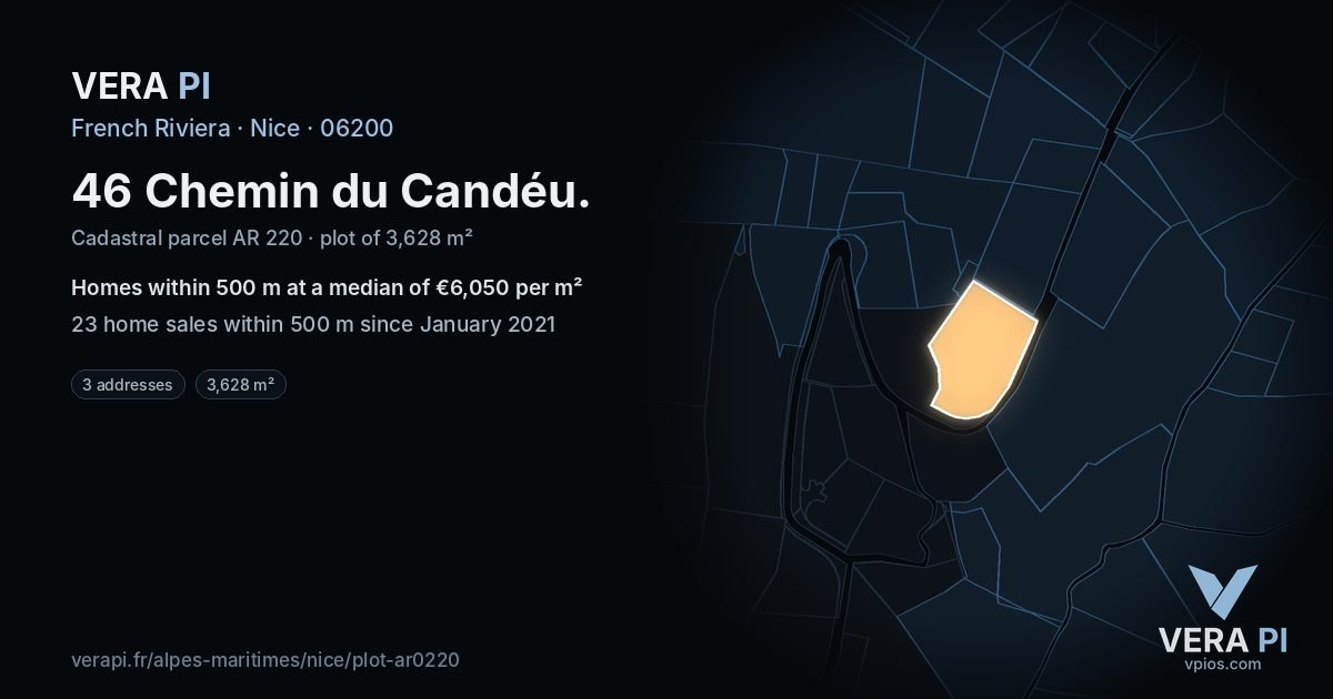 46 Chemin du Candéu, Nice at night – the plot lit, the parcels around coloured by the prices near them