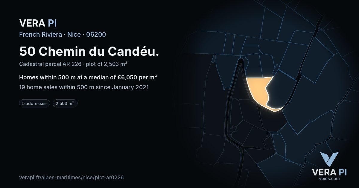 50 Chemin du Candéu, Nice at night – the plot lit, the parcels around coloured by the prices near them