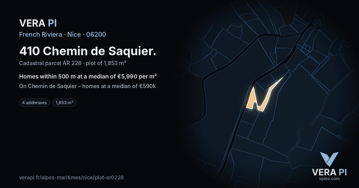 410 Chemin de Saquier, Nice at night – the plot lit, the parcels around coloured by the prices near them