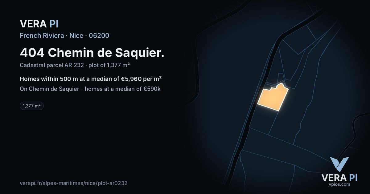 404 Chemin de Saquier, Nice at night – the plot lit, the parcels around coloured by the prices near them
