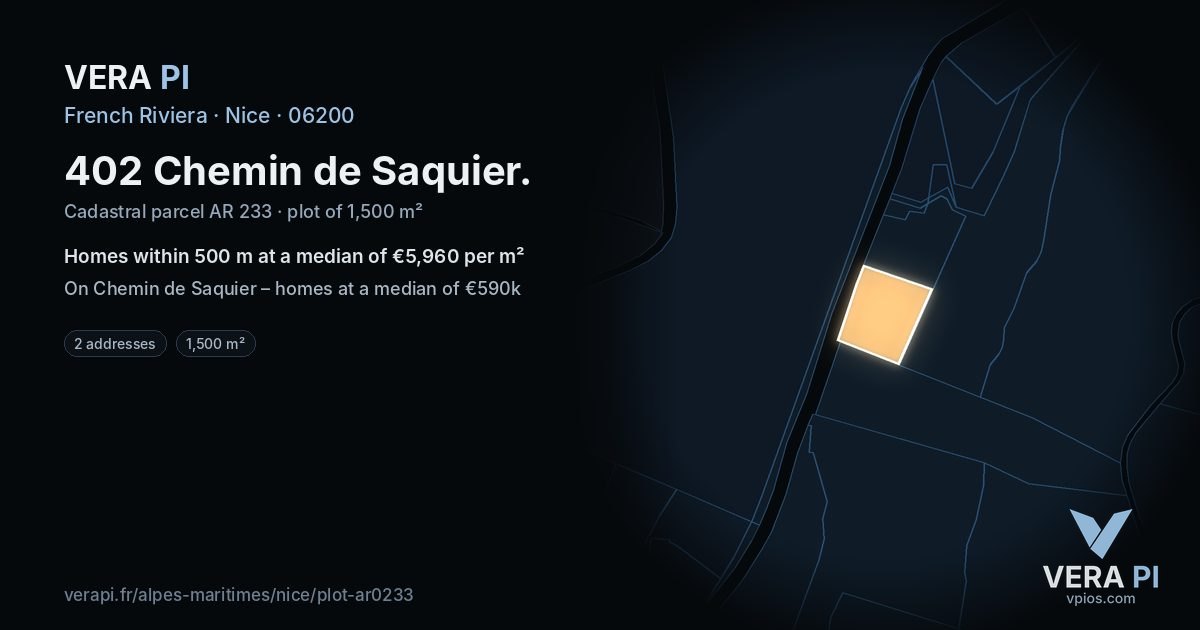 402 Chemin de Saquier, Nice at night – the plot lit, the parcels around coloured by the prices near them