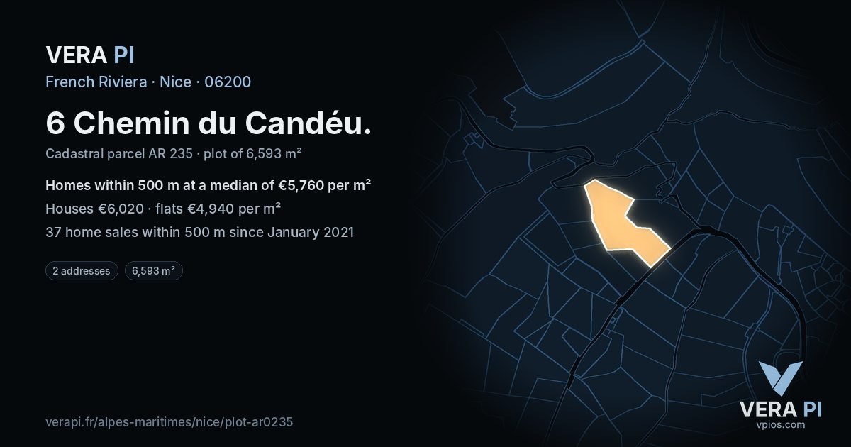 6 Chemin du Candéu, Nice at night – the plot lit, the parcels around coloured by the prices near them
